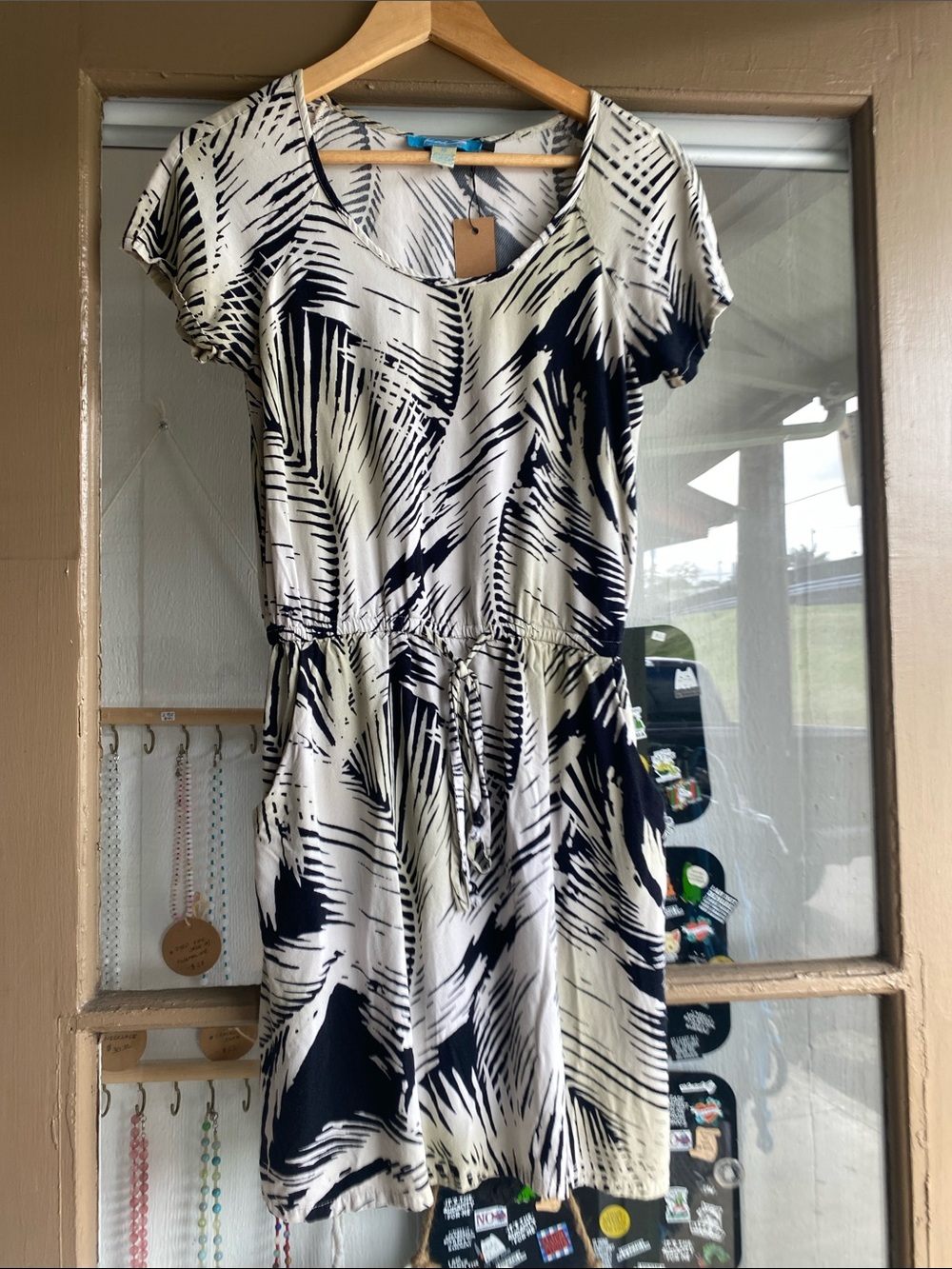 Kai Hawaii Black & Cream Abstract Print Drawstring Dress